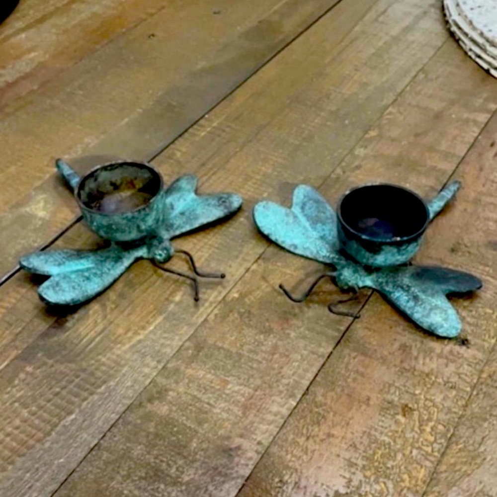 Pair of Vintage Metal Dragonfly Tea Light Candleholders
